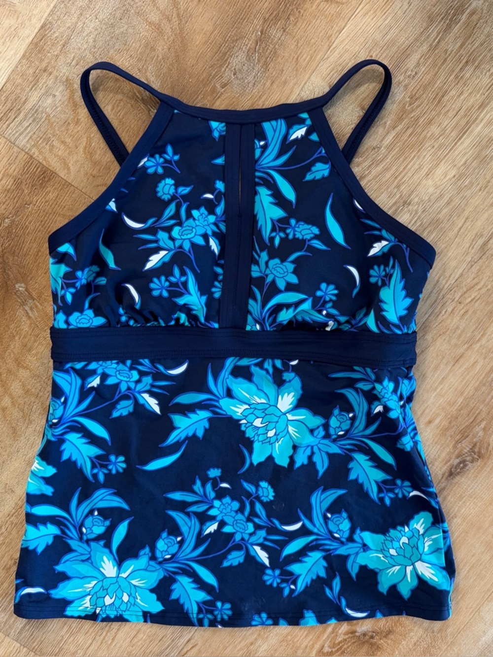 Lands' End Navy Swim Tank Top with Aqua Floral Print